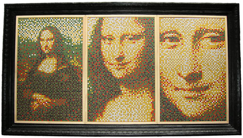 Tracy Sigler — Mona Lisa Triptych Thumbtack Mosaic in Burnt Frame